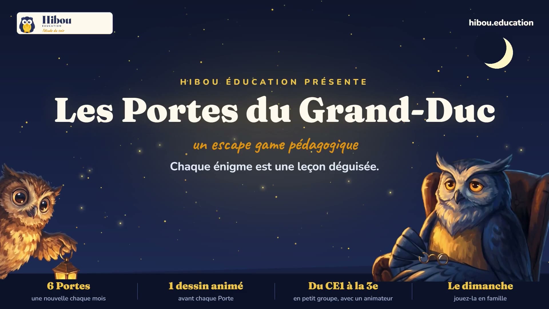 Les Portes du Grand-Duc&nbsp;: le Grand-Duc dans son fauteuil et Plume à la lanterne, sous un ciel étoilé